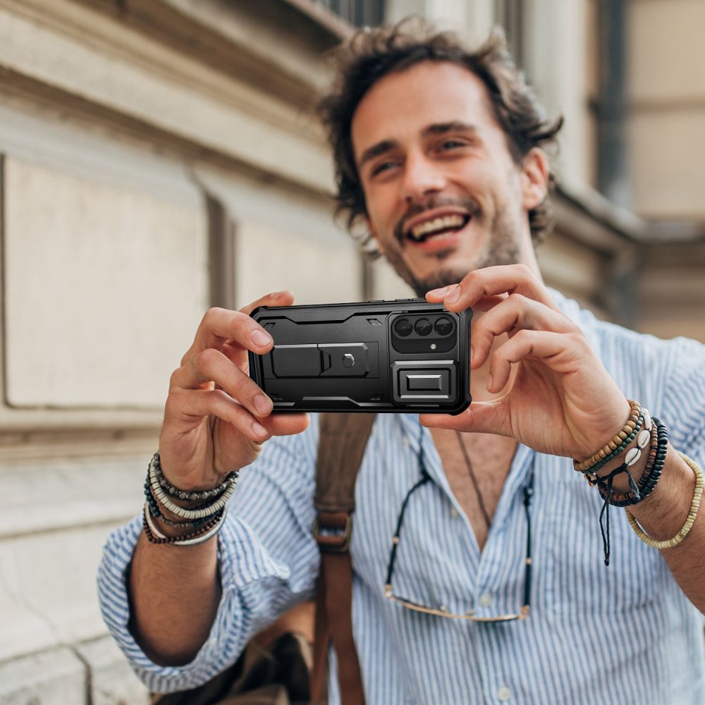 Etui pancerne z osłoną na ekran, z wbudowaną podstawką oraz ochroną aparatu Tech-Protect Kevlar Cam+ do Samsung Galaxy A56 5G, czarne.